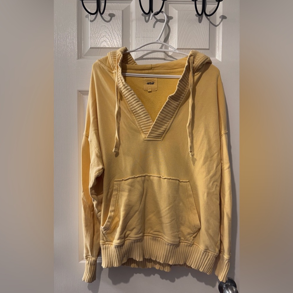 aerie Pale Yellow V-Neck Hoodie Sweater